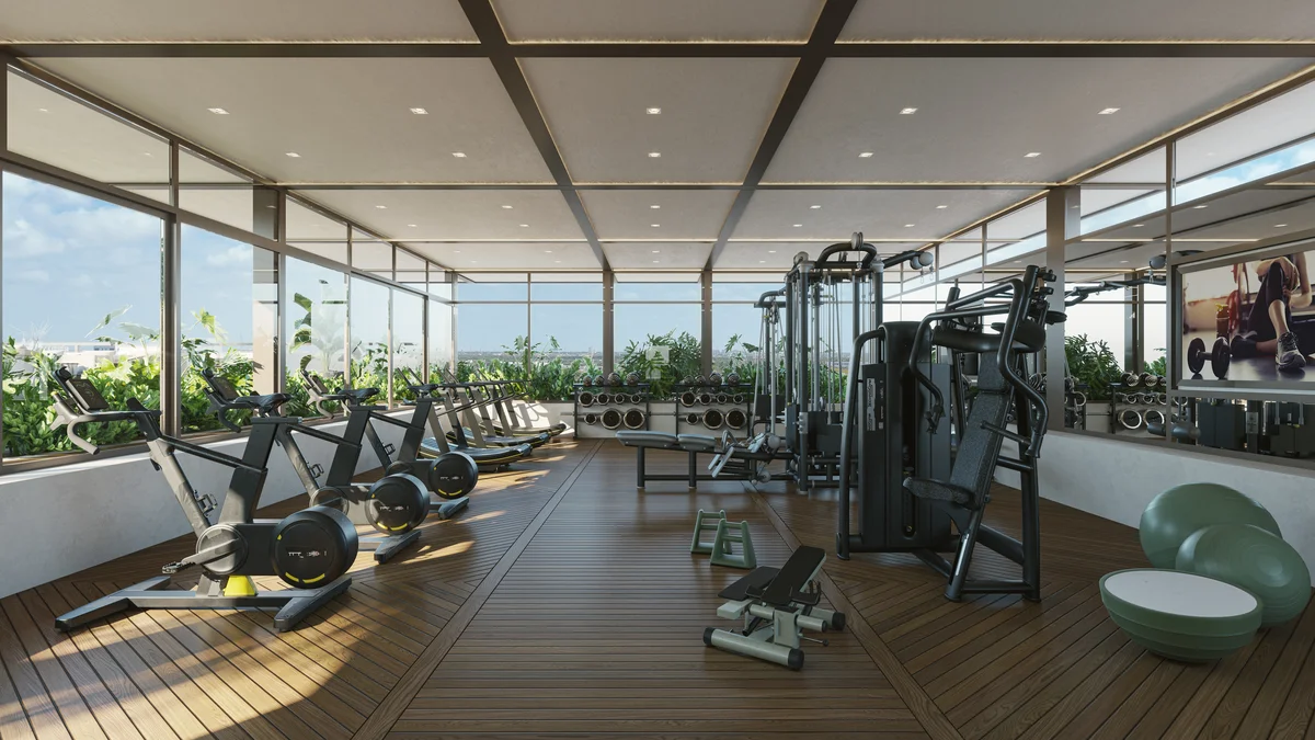Image of Gym at Hodela, featuring Fitness Center, Modern Gym.