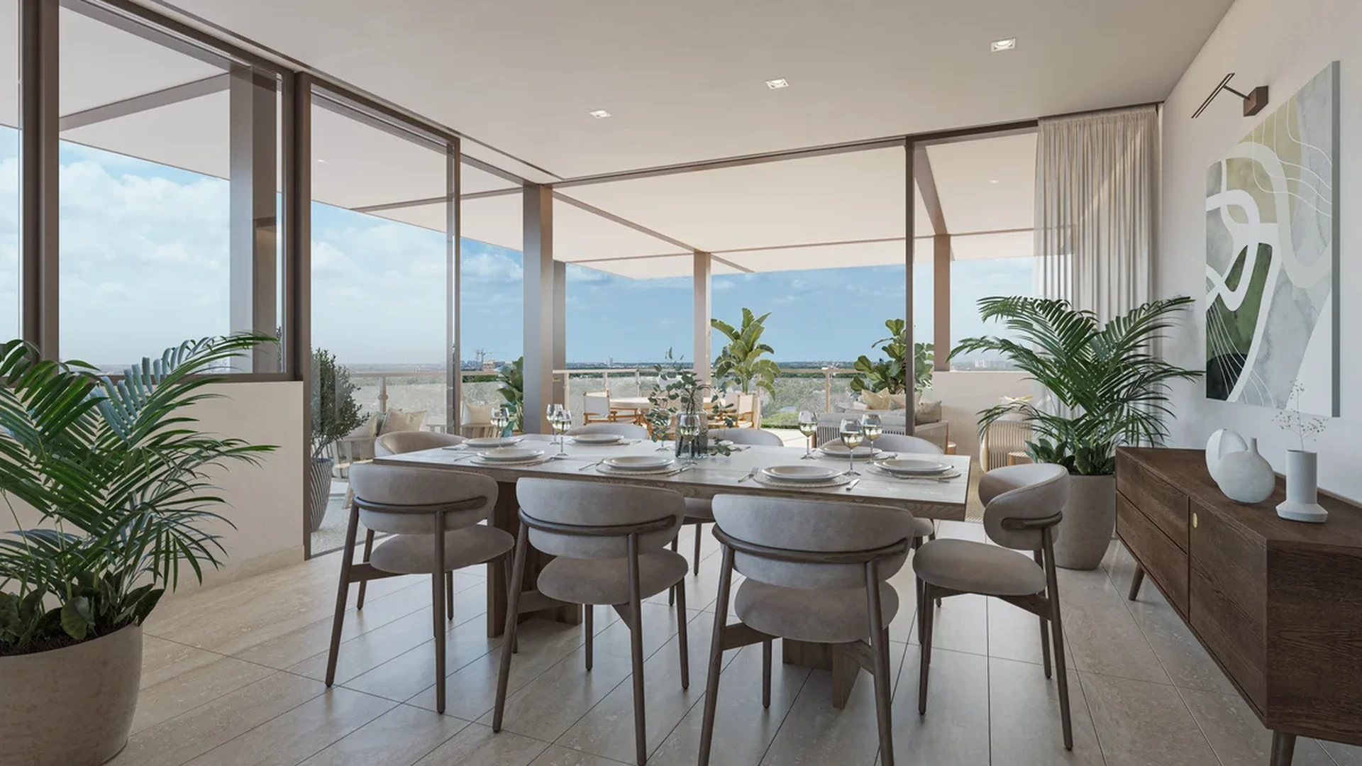 View of Dining Room at Hodela, showcasing Modern Interior, Indoor-Outdoor Living.