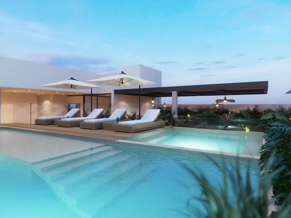 Image of Swimming Pool at Distrito Playa, featuring Rooftop Pool, Luxury Amenities.