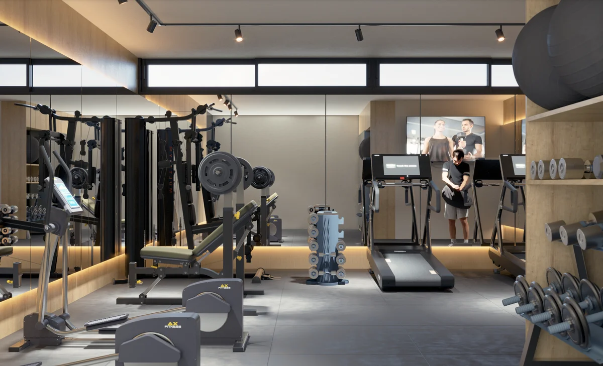 Image of Gym at Distrito Playa, featuring Fitness Center, Modern Gym.