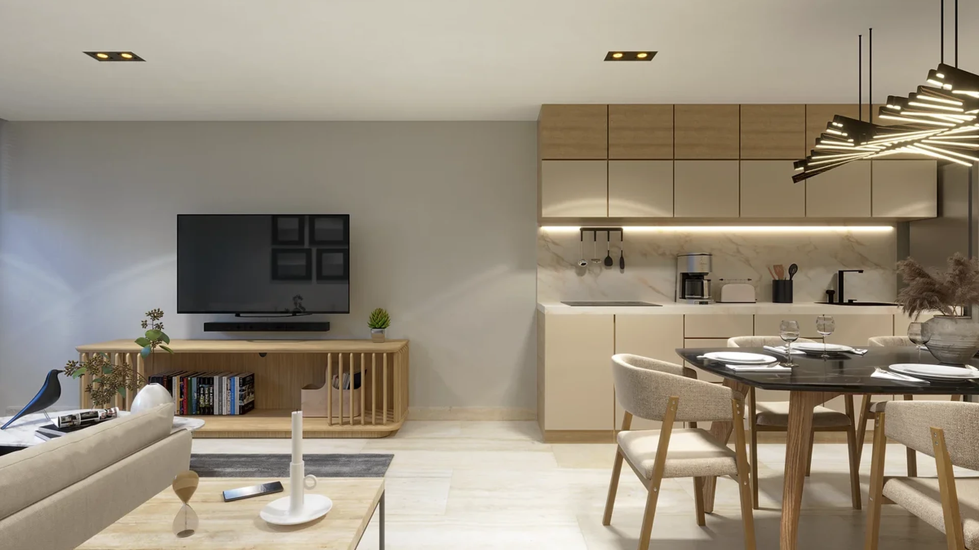 View of Open Concept Living at Distrito Playa, showcasing Modern Kitchen, Dining Area.