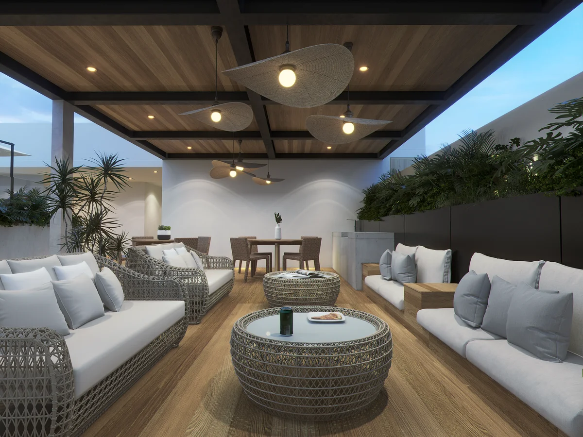 Image of Rooftop Terrace at Distrito Playa, featuring Rooftop Terrace, Outdoor Lounge.
