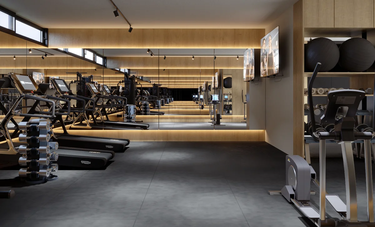 Image of Gym at Distrito Playa, featuring Fitness Center, Modern Gym.