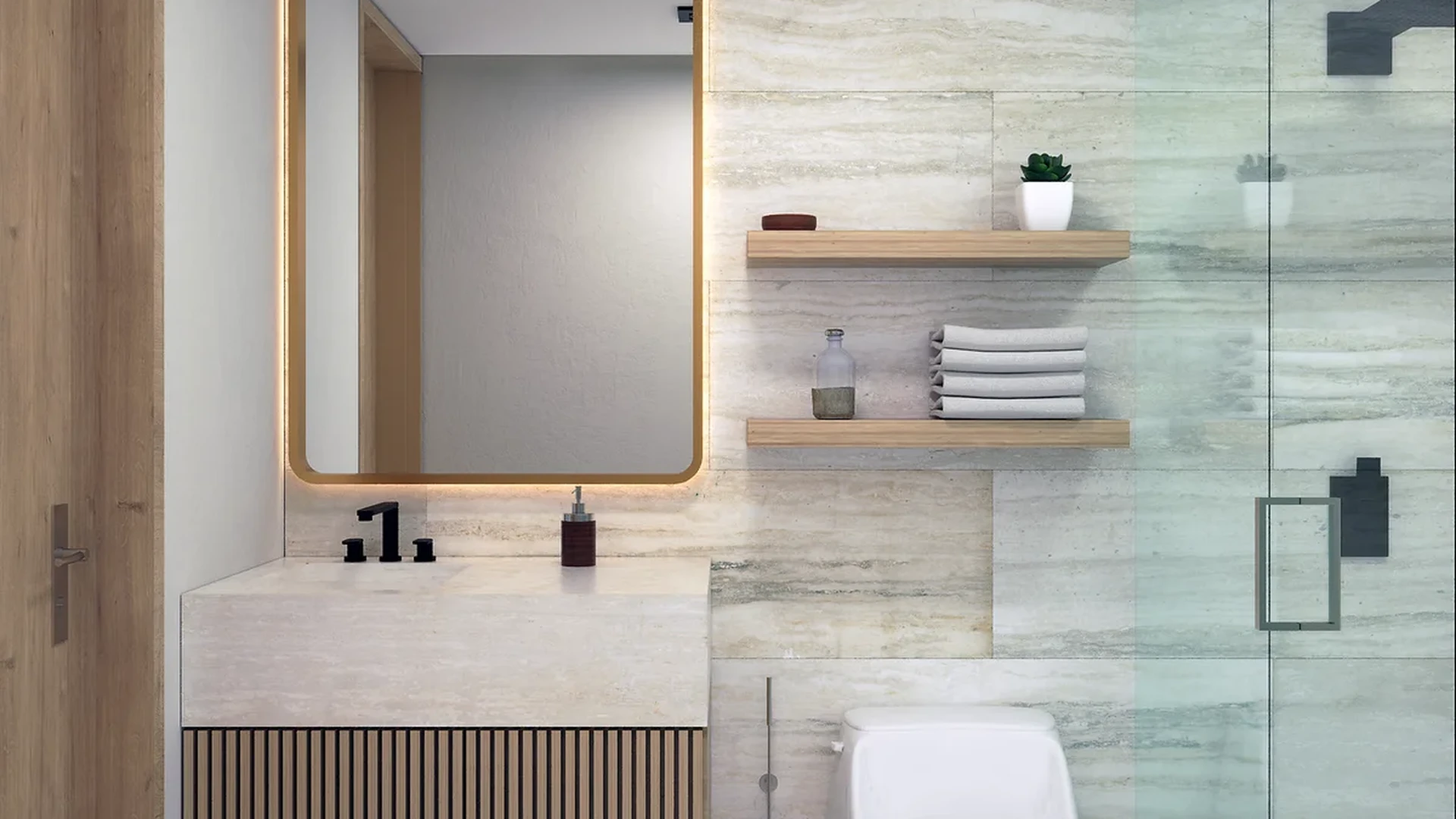 View of Modern Bathroom at Distrito Playa, showcasing Floating Vanity, Backlit Mirror.