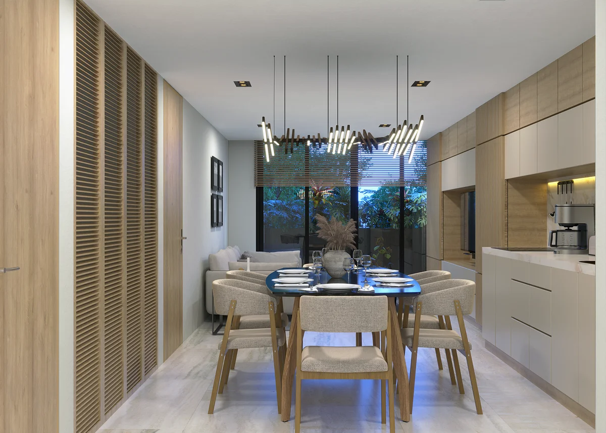 View of Open Concept Living at Distrito Playa, showcasing Modern Dining Room, Designer Lighting.