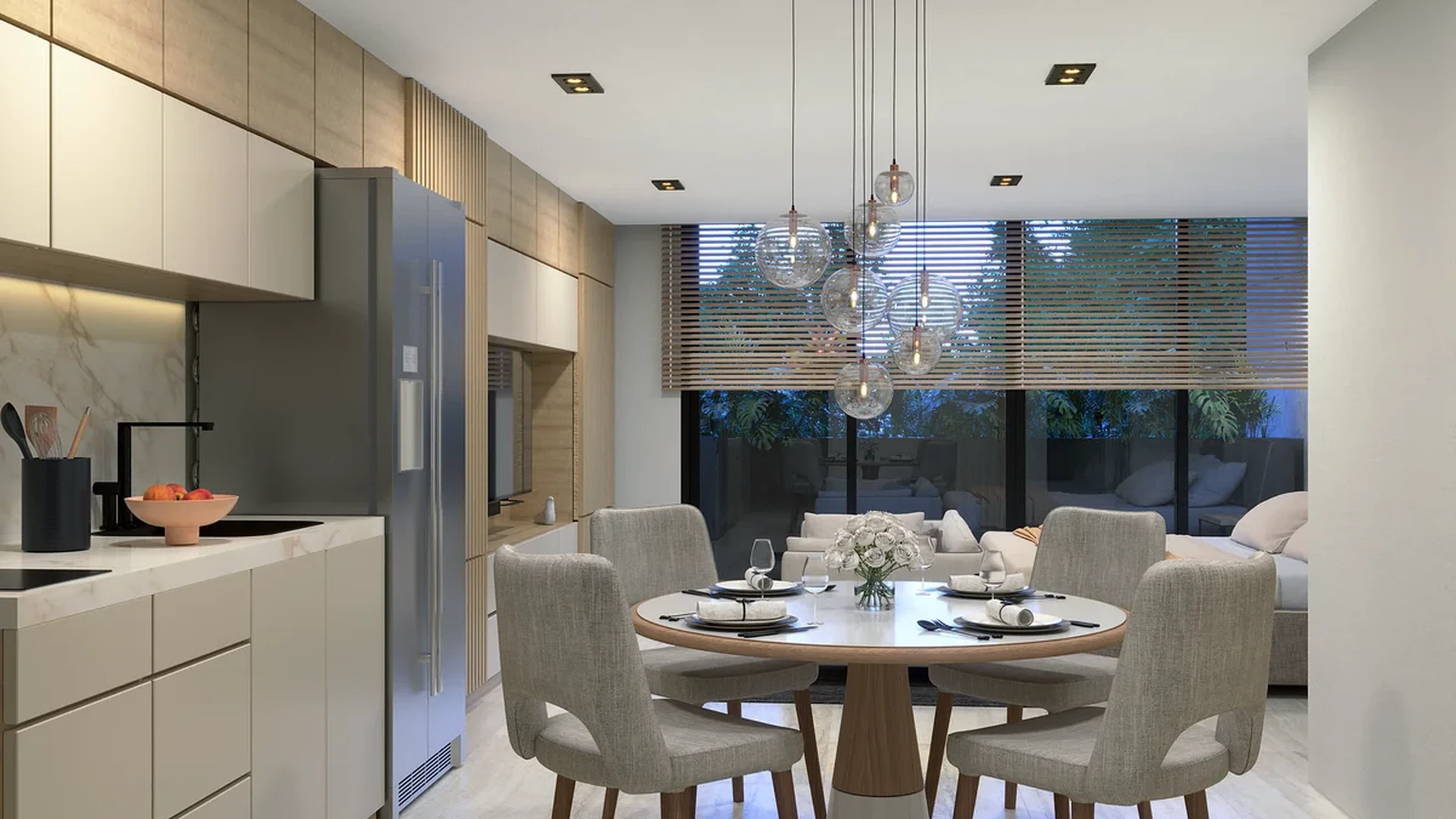 View of Open Concept Living at Distrito Playa, showcasing Modern Dining Room, Contemporary Kitchen.