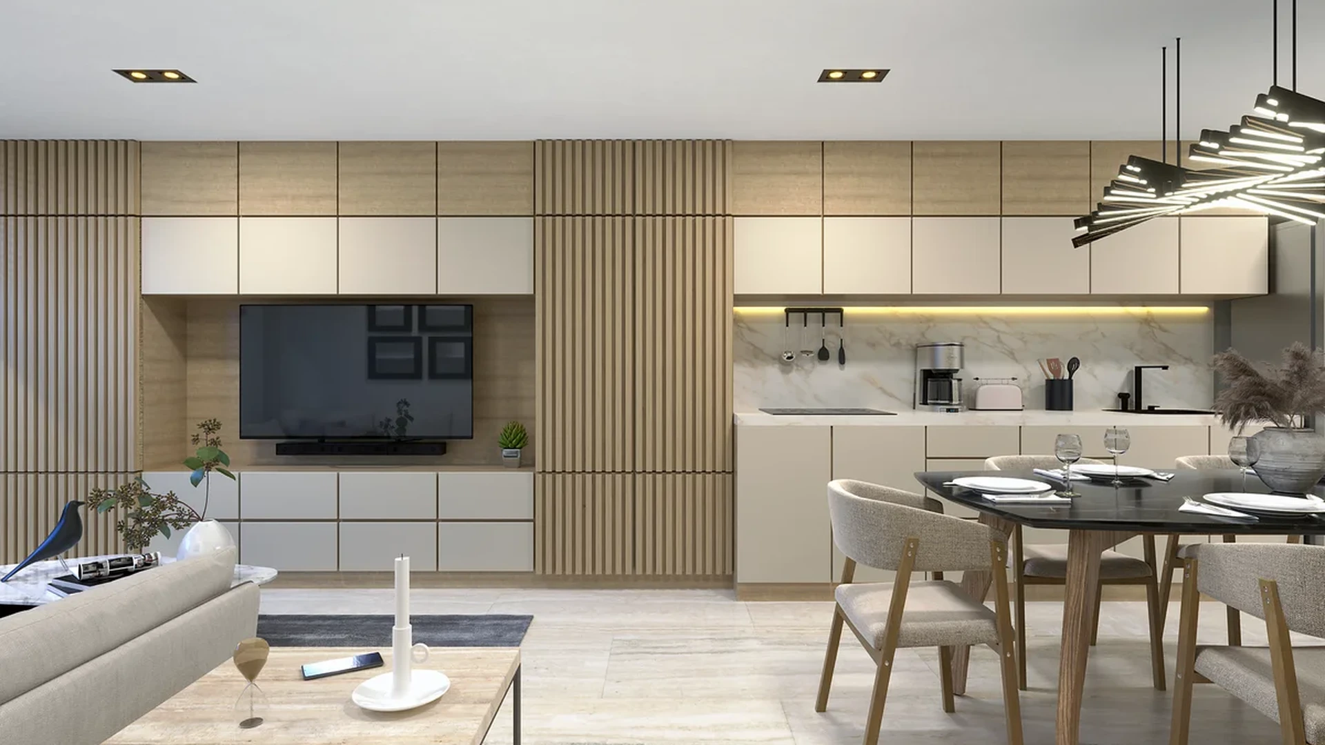 View of Open Concept Living at Distrito Playa, showcasing Modern Kitchen, Wood Slat Wall.