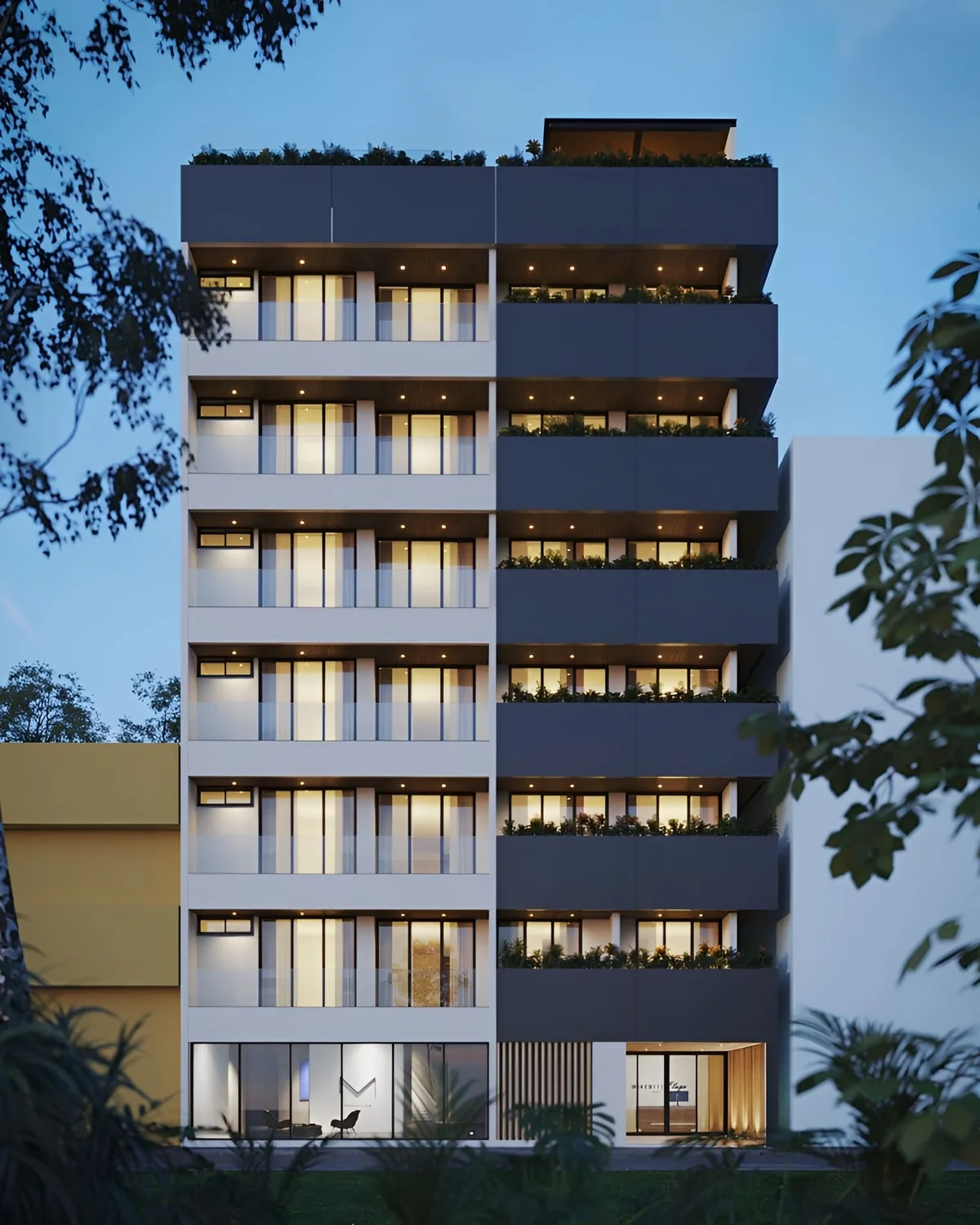 Image of Rooftop Terrace at Distrito Playa, featuring Modern Architecture, Apartment Building Exterior.