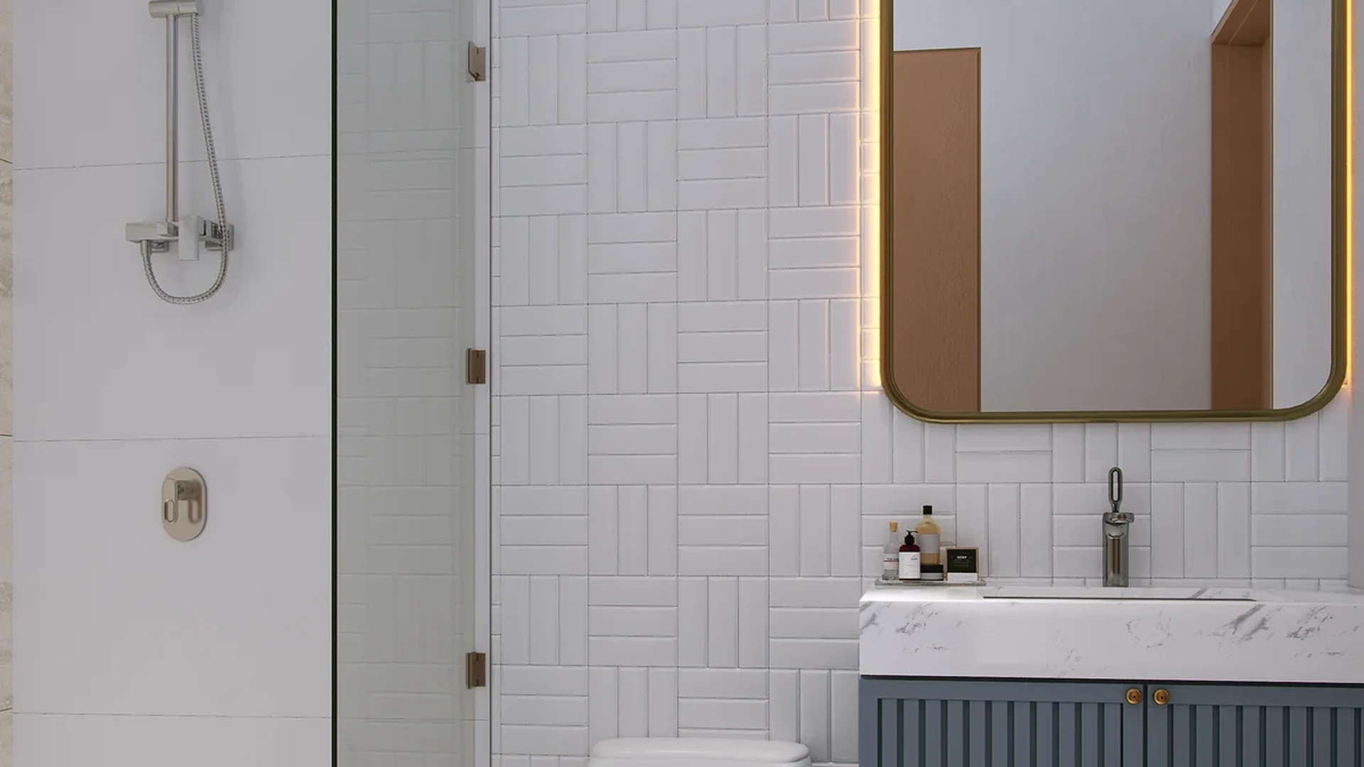 View of Modern Bathroom at Musa del Puerto, showcasing Glass Shower, Rainfall Shower Head.