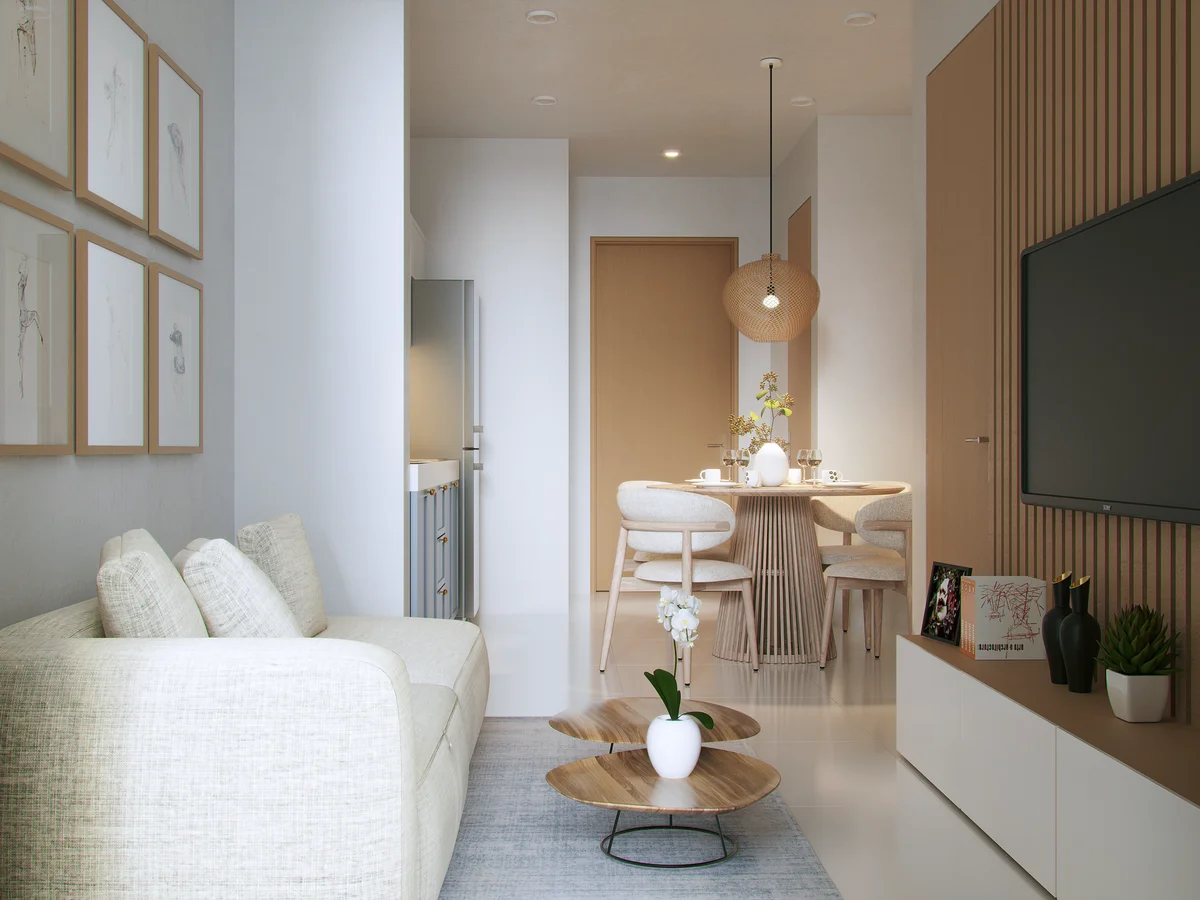 View of Modern Living Room at Musa del Puerto, showcasing Open Concept Living, Dining Area.