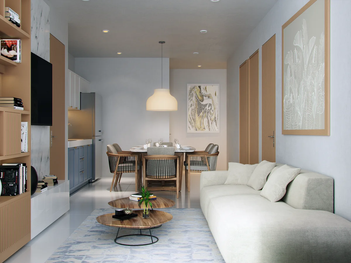 View of Open Concept Living at Musa del Puerto, showcasing Modern Living Room, Dining Area.