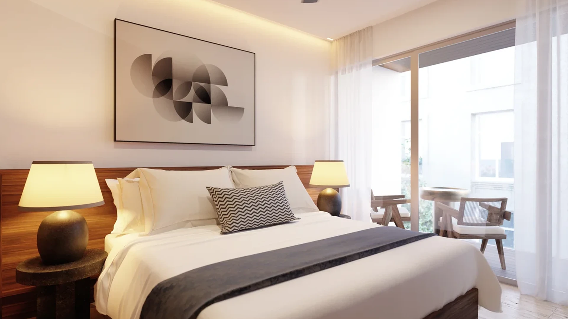 View of Modern Bedroom at Ikuku, showcasing Private Balcony, Wood Headboard.