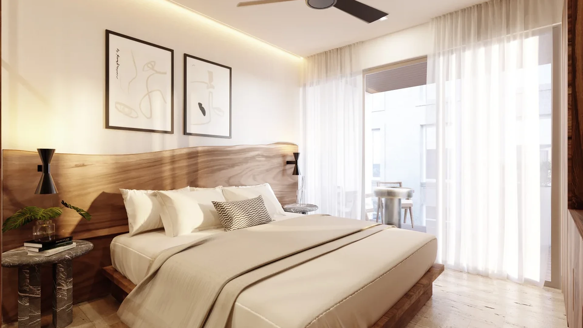 View of Modern Bedroom at Ikuku, showcasing Wood Headboard, Platform Bed.
