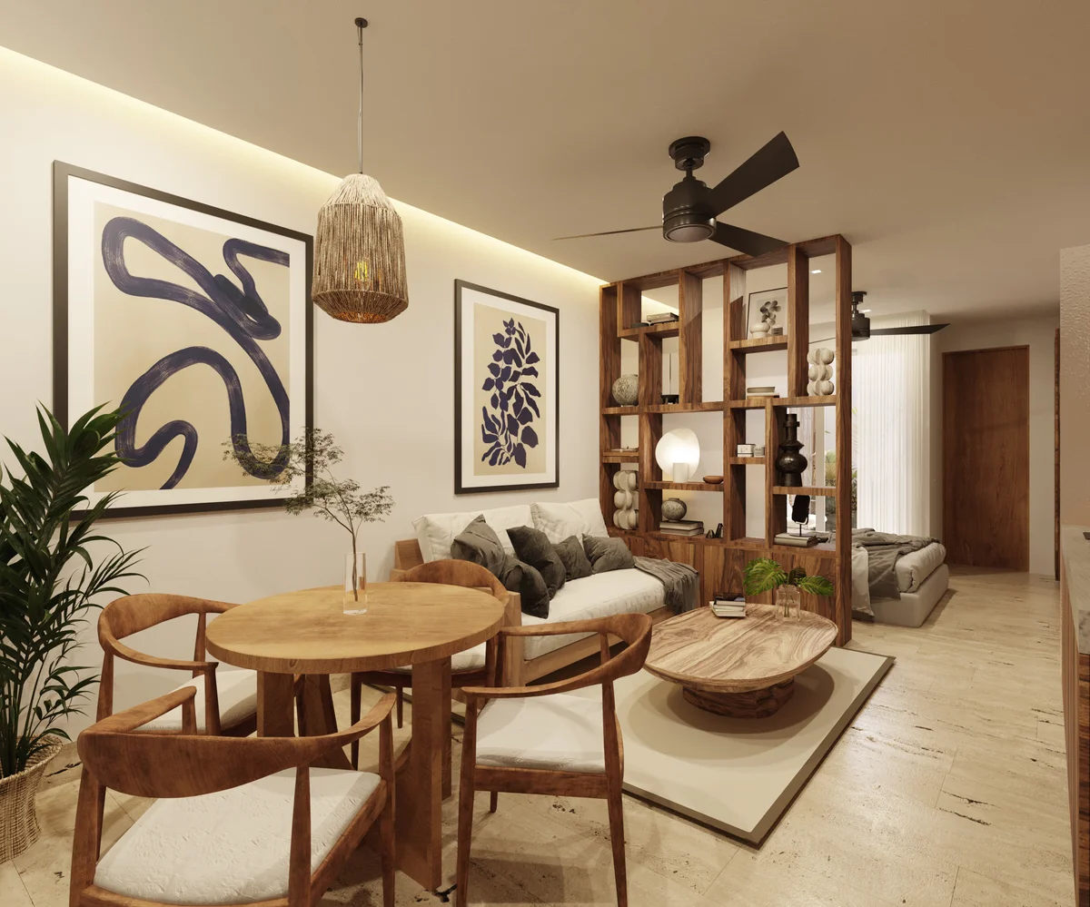 View of Open Concept Living at Ikuku, showcasing Studio Apartment, Modern Interior Design.