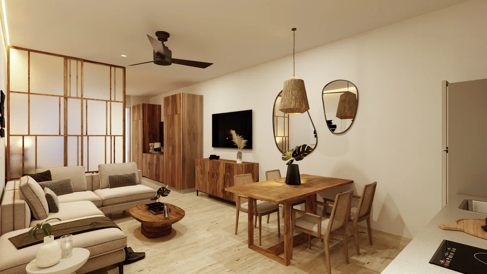 View of Open Concept Living at Ikuku, showcasing Modern Interior Design, Living and Dining Area.