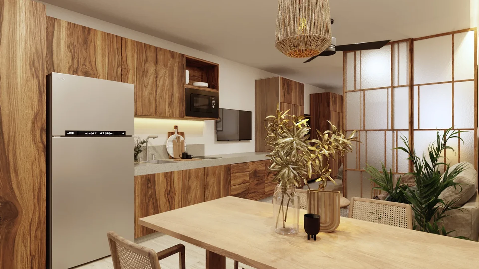 View of Open Concept Living at Ikuku, showcasing Modern Kitchen, Wood Cabinetry.