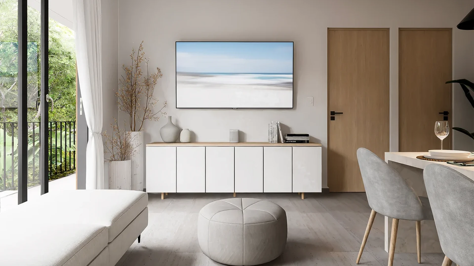 View of Modern Living Room at Okom, showcasing Open Concept Living, Natural Light.