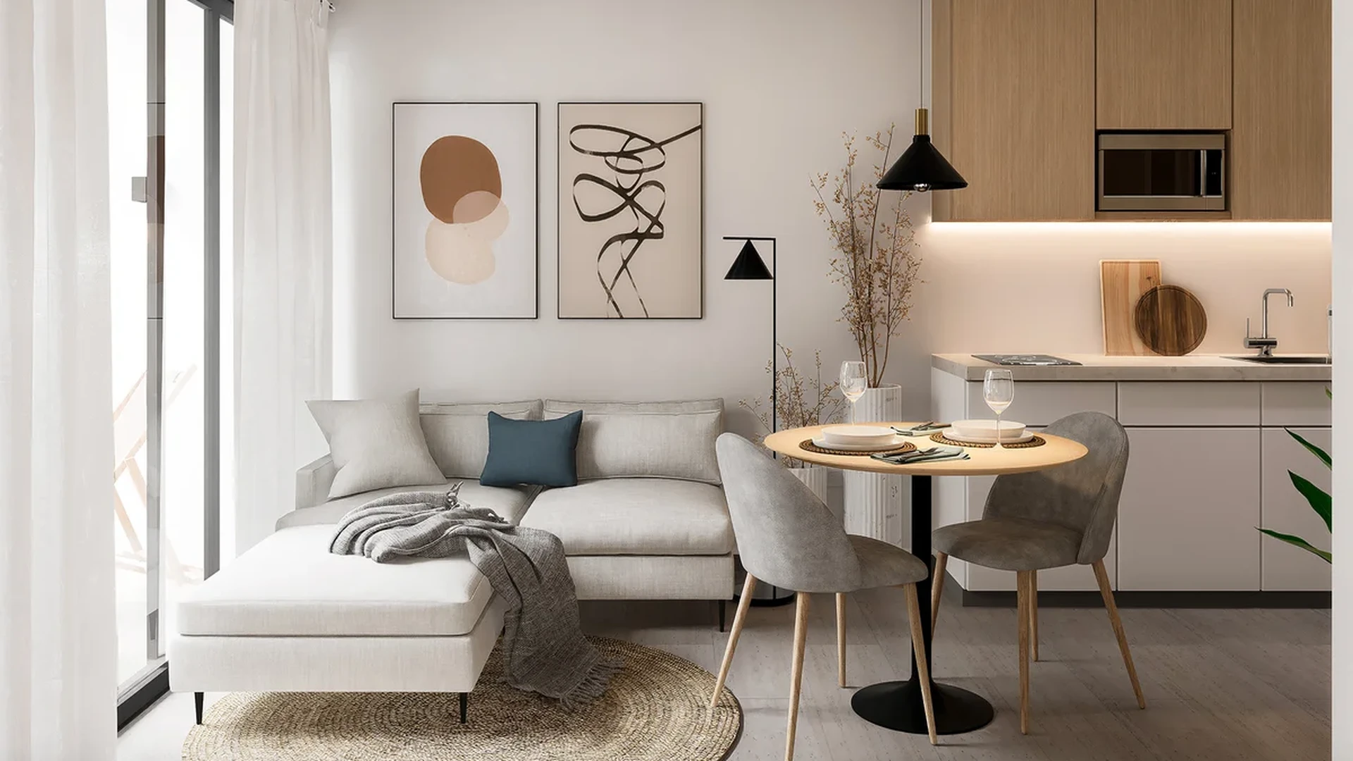 View of Open Concept Living at Okom, showcasing Modern Apartment, Studio Living.