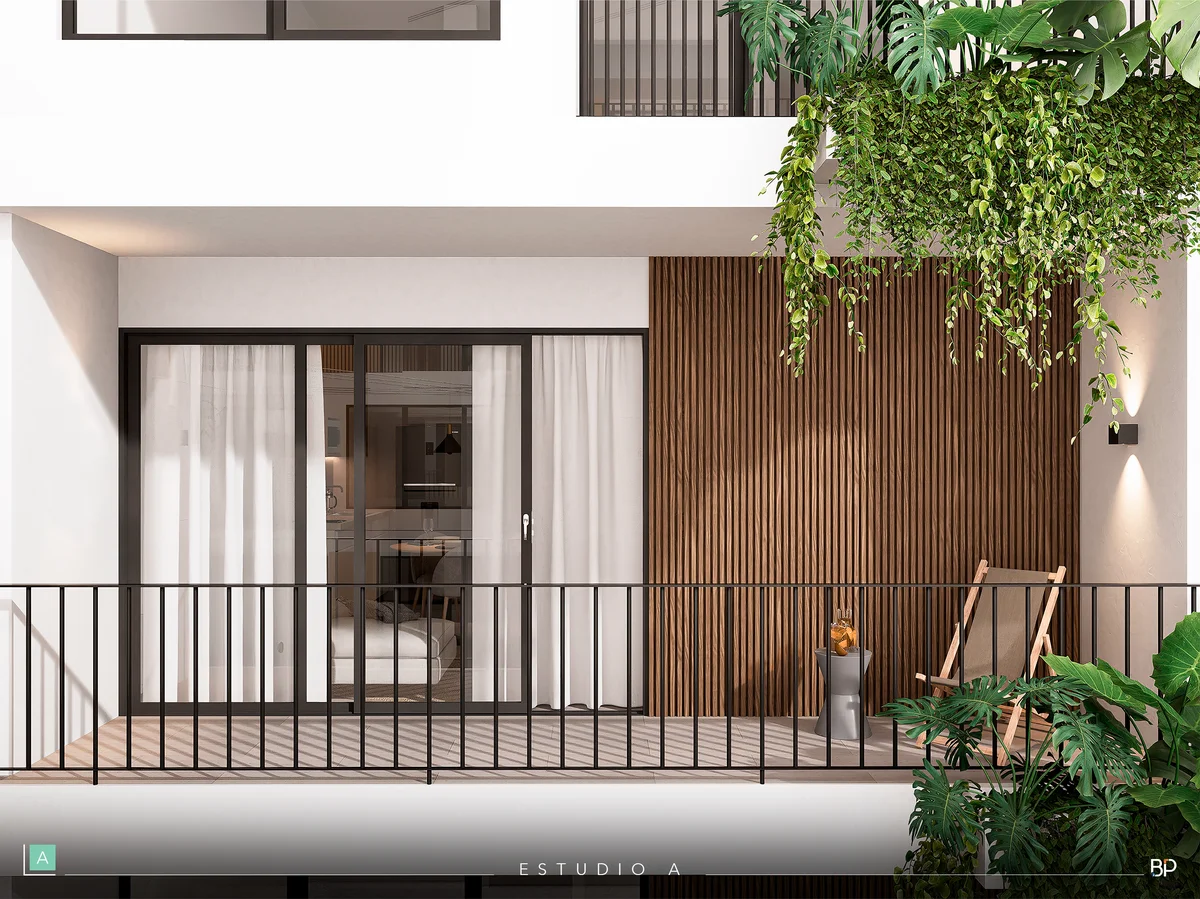 View of Modern Balcony at Okom, showcasing Private Terrace, Wood Accent Wall.