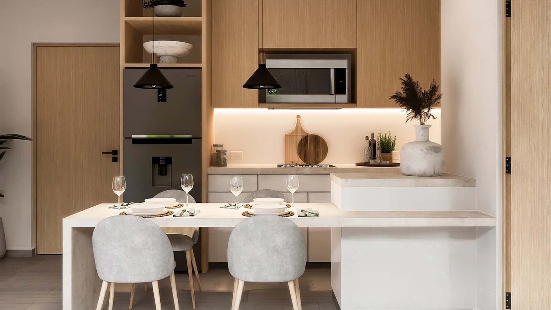 View of Modern Kitchen at Okom, showcasing Open Concept, Dining Area.