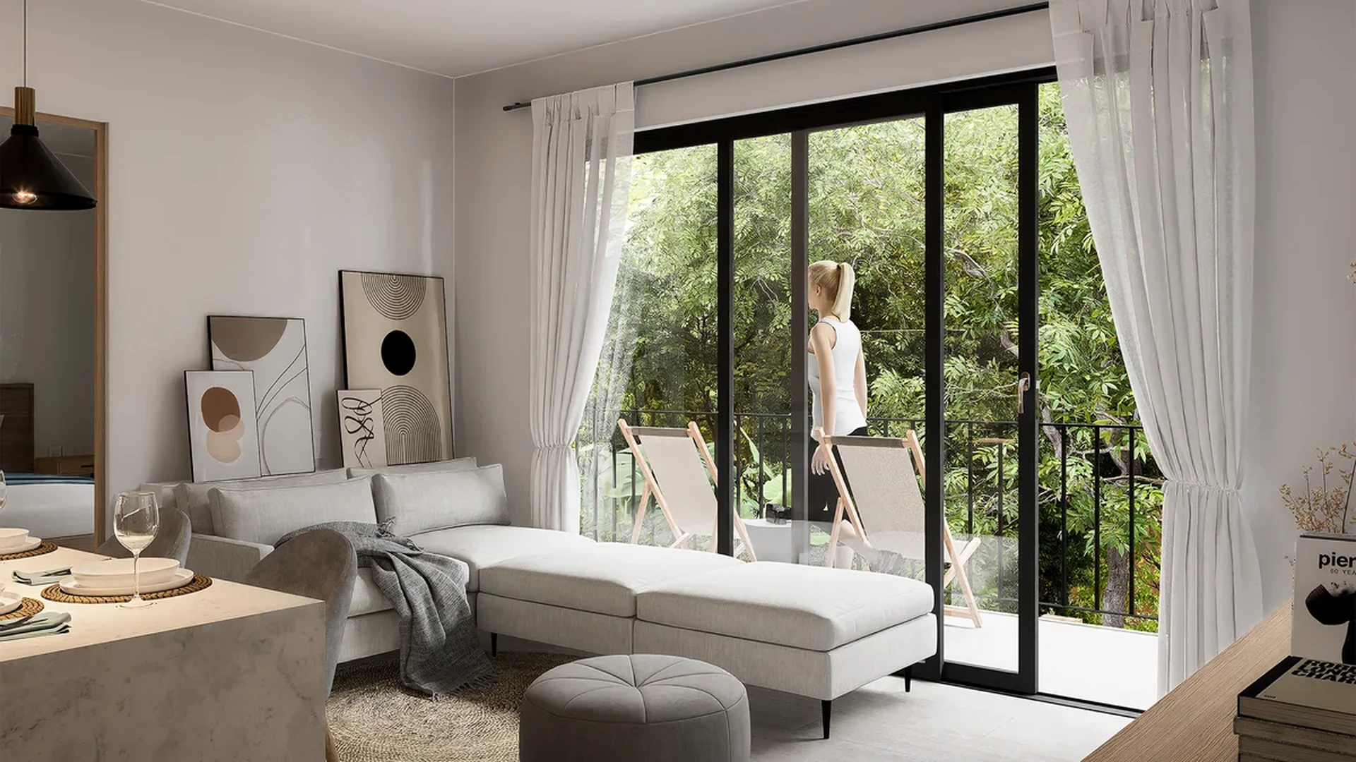 View of Living Room at Okom, showcasing Open Concept, Natural Light.