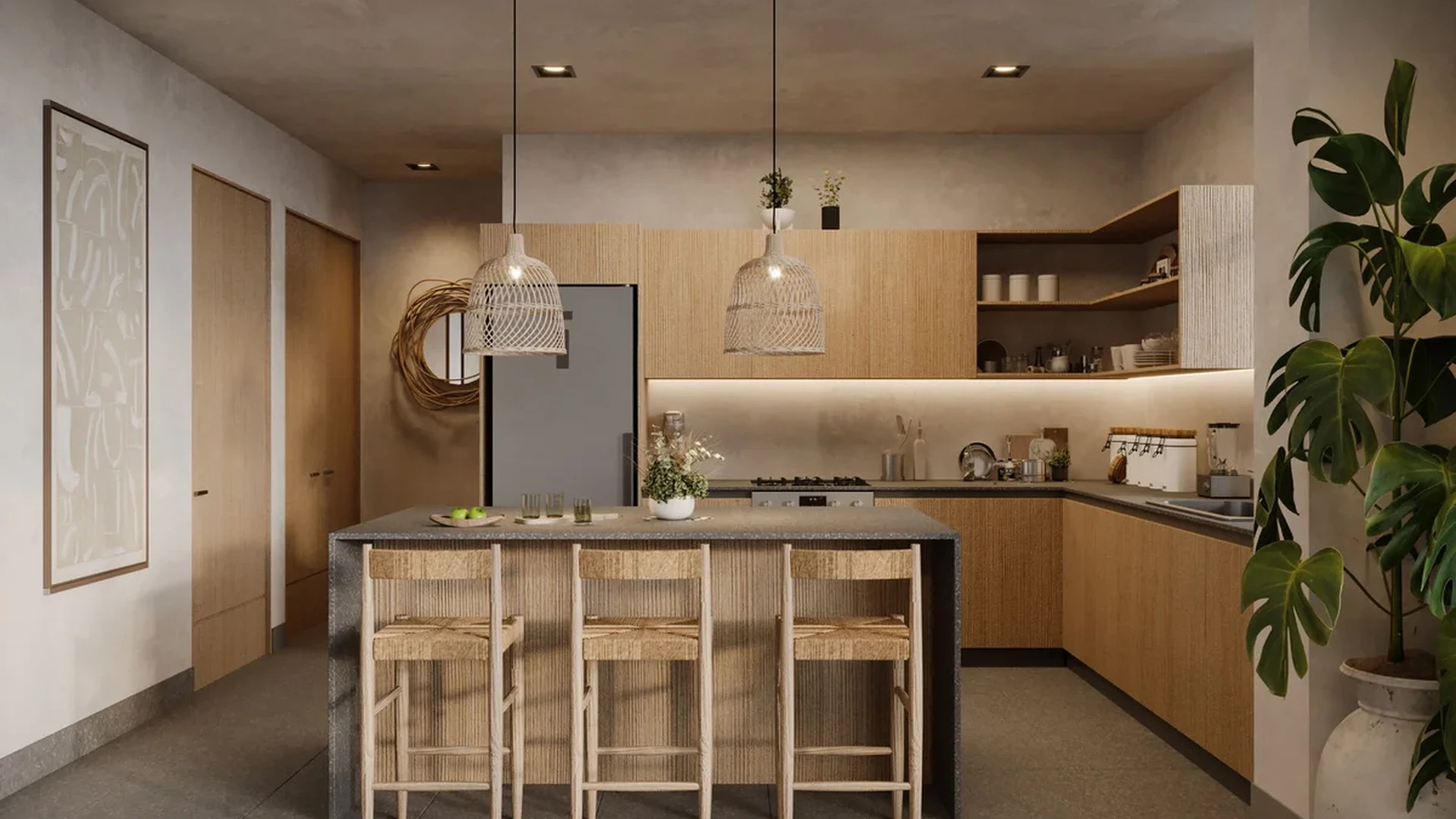 View of Modern Kitchen at Xatum, showcasing Kitchen Island, Breakfast Bar.