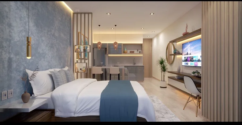 View of Studio Apartment at Blu 38, showcasing Modern Interior Design, Compact Living.