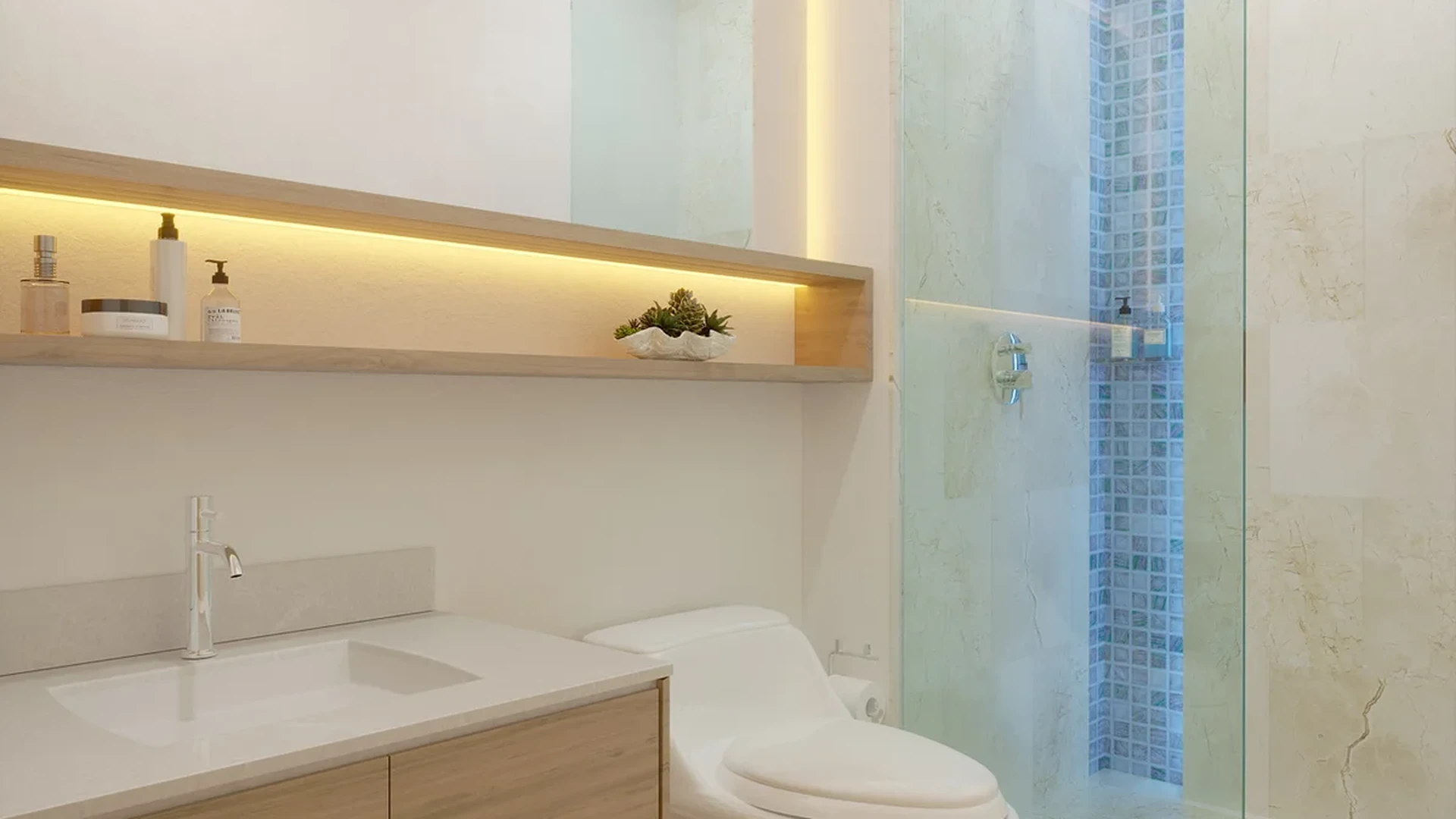 View of Modern Bathroom at Blu 38, showcasing Walk-in Shower, Glass Shower Screen.