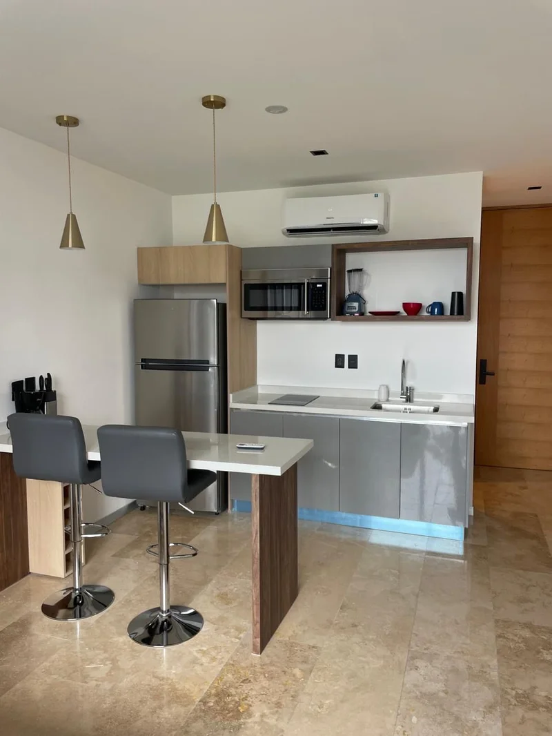View of Modern Kitchenette at Blu 38, showcasing Stainless Steel Appliances, Breakfast Bar.