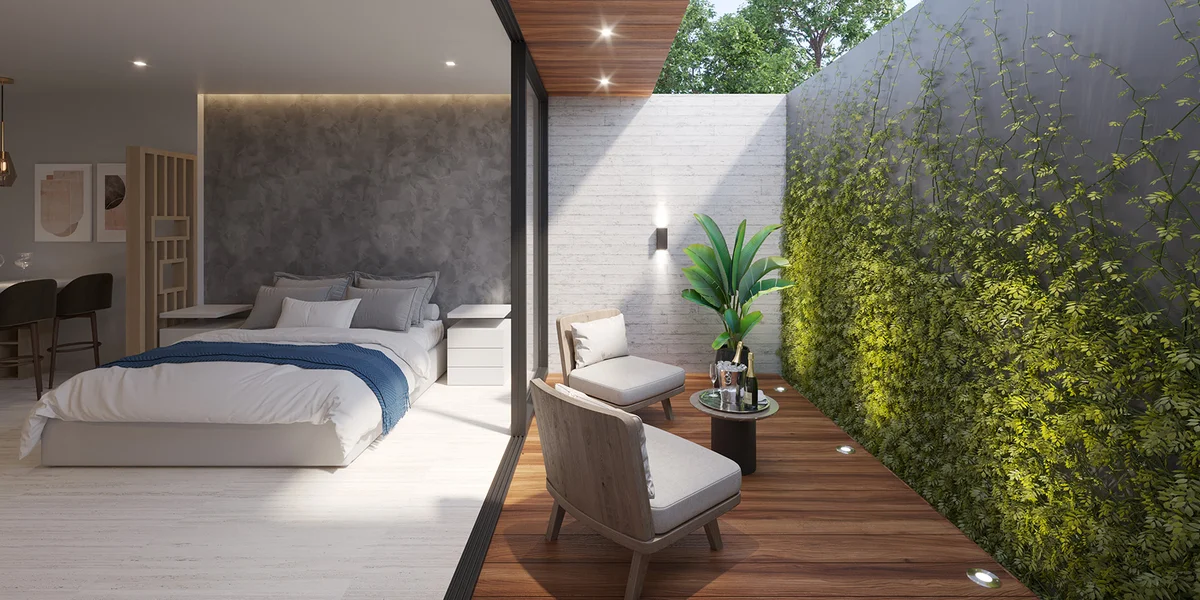 View of Modern Bedroom at Blu 38, showcasing Private Patio, Indoor-Outdoor Living.