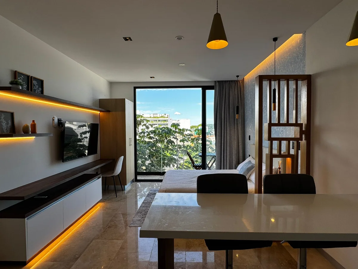 View of Studio Apartment at Blu 38, showcasing Modern Interior Design, Open Concept Living.