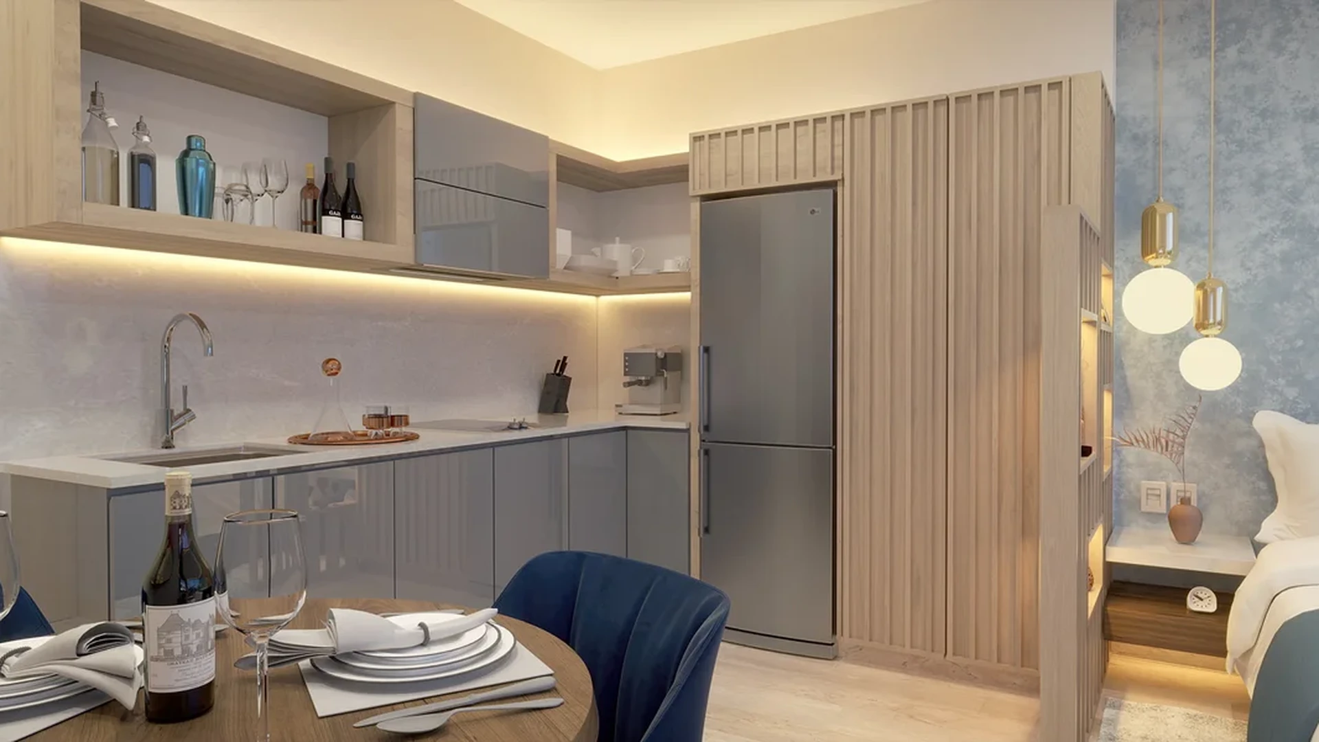 View of Studio Apartment at Blu 38, showcasing Modern Kitchenette, Compact Living.