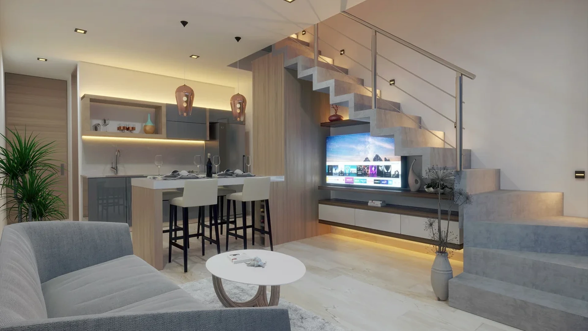 View of Open Concept Living at Blu 38, showcasing Modern Interior, Kitchen Island.