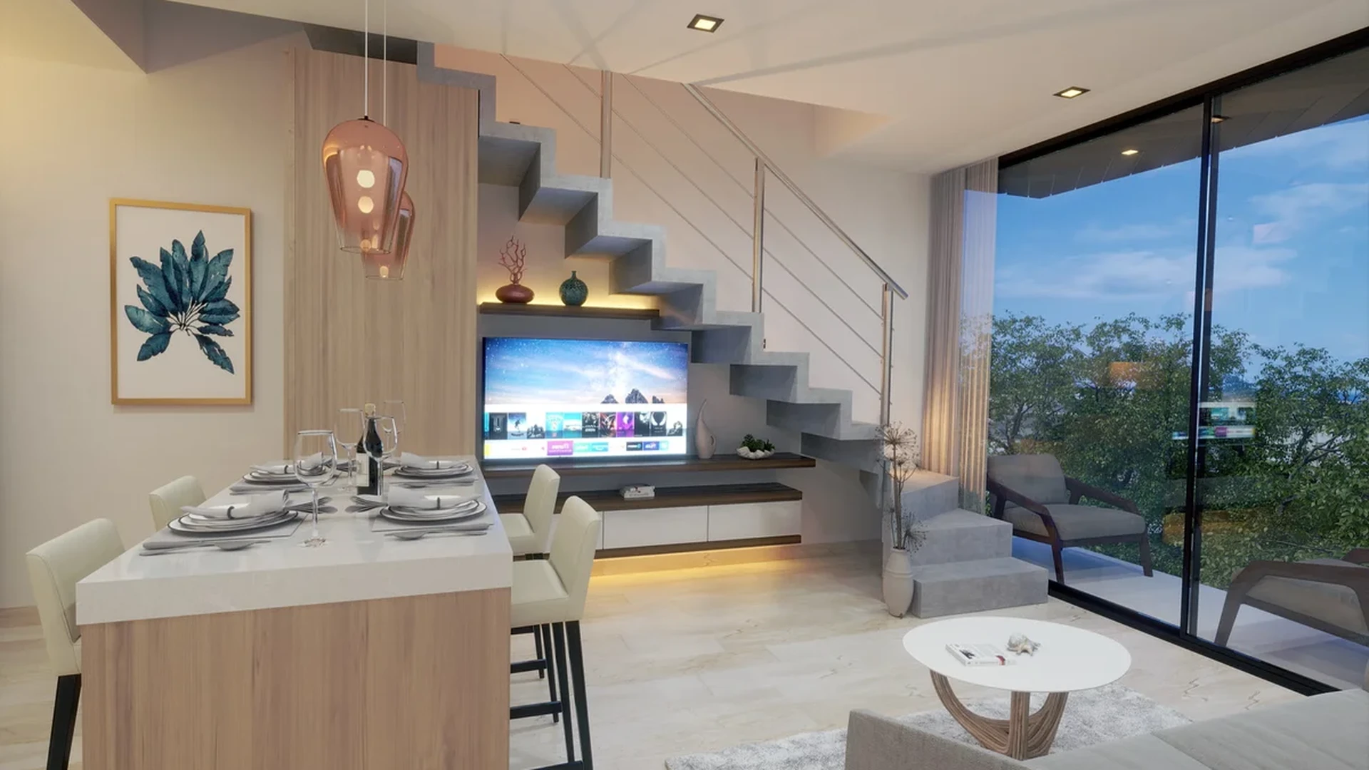 View of Open Concept Living at Blu 38, showcasing Modern Interior, Living Room.