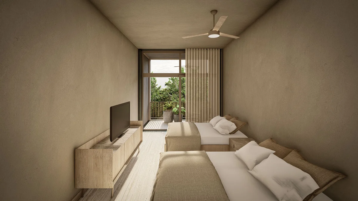 View of Modern Bedroom at Ceiba, showcasing Minimalist Design, Earthy Tones.