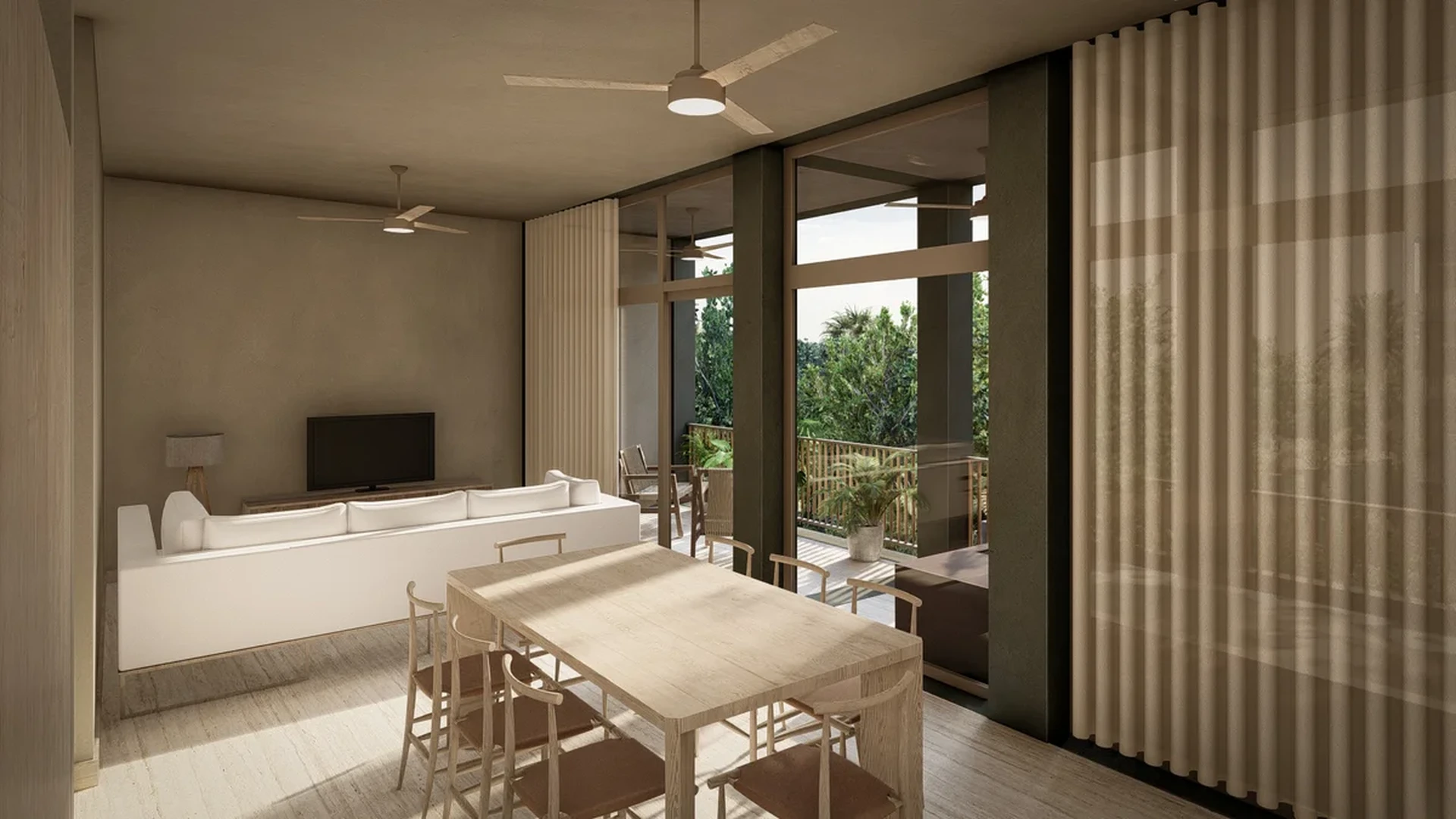 View of Open Concept Living at Ceiba, showcasing Modern Dining Room, Living Room with Balcony.
