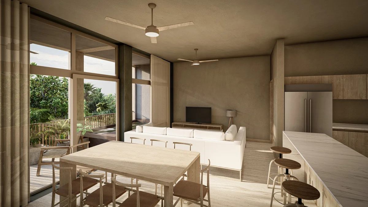 View of Open Concept Living at Ceiba, showcasing Modern Interior Design, Neutral Color Palette.