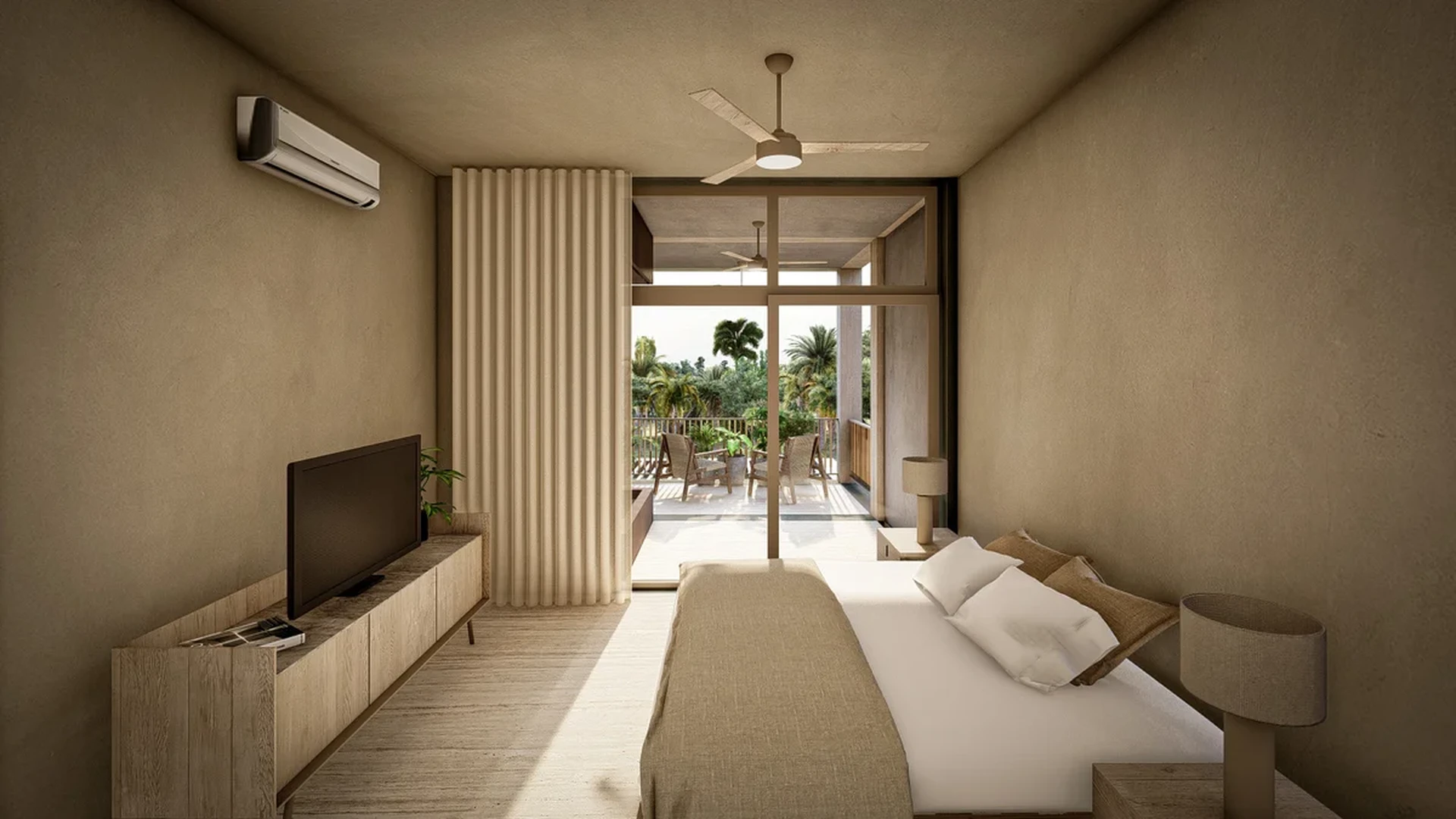 View of Bedroom with Balcony at Ceiba, showcasing Minimalist Design, Tropical View.