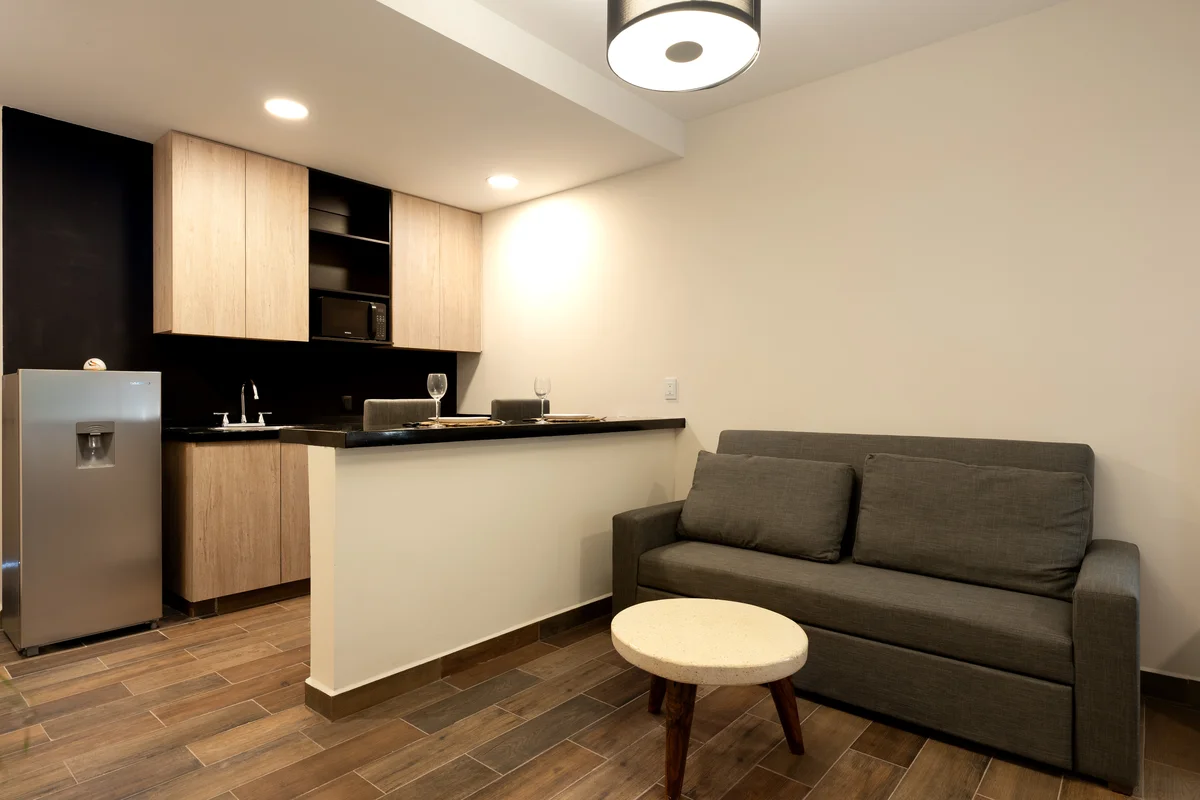 View of Studio Apartment at Wamai, showcasing Open Concept Living, Kitchenette.