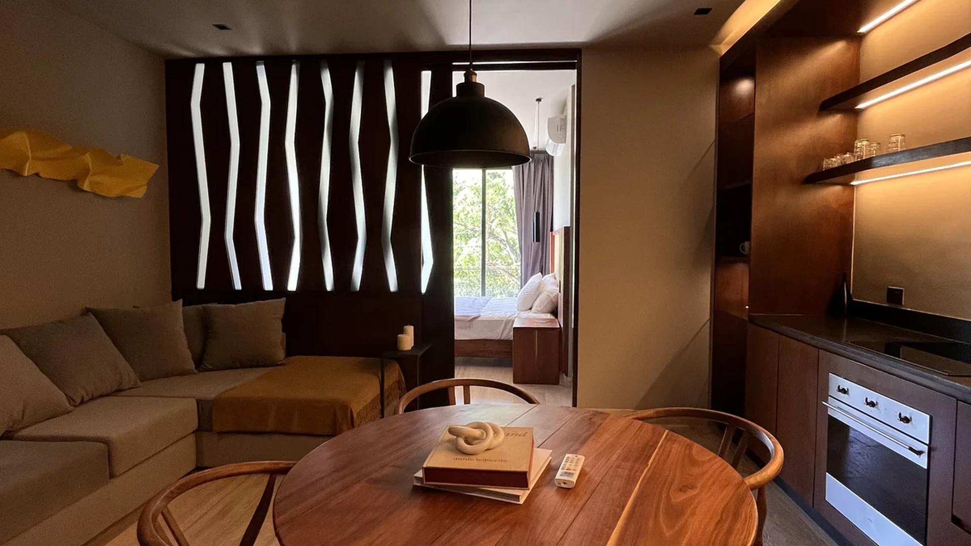 View of Modern Apartment at Arthouse, showcasing Open Concept Living, Designer Lighting.