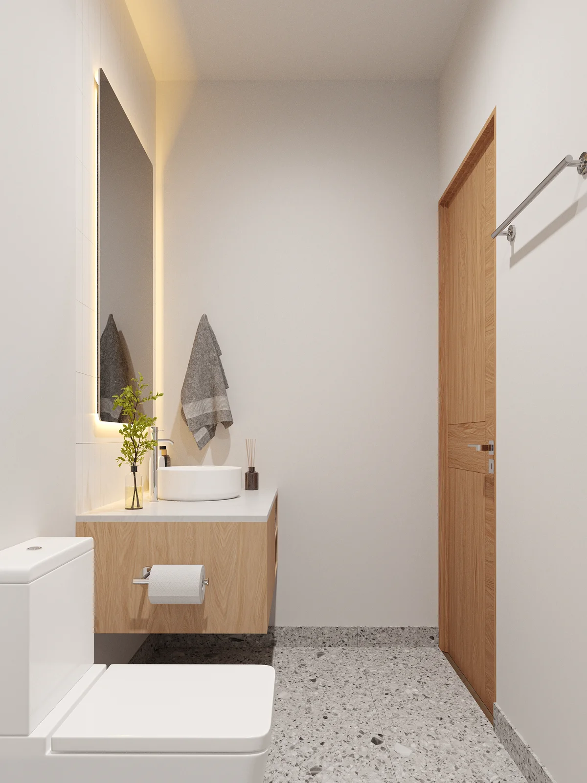 View of Modern Bathroom at Kalani 25, showcasing Terrazzo Flooring, Wood Vanity.
