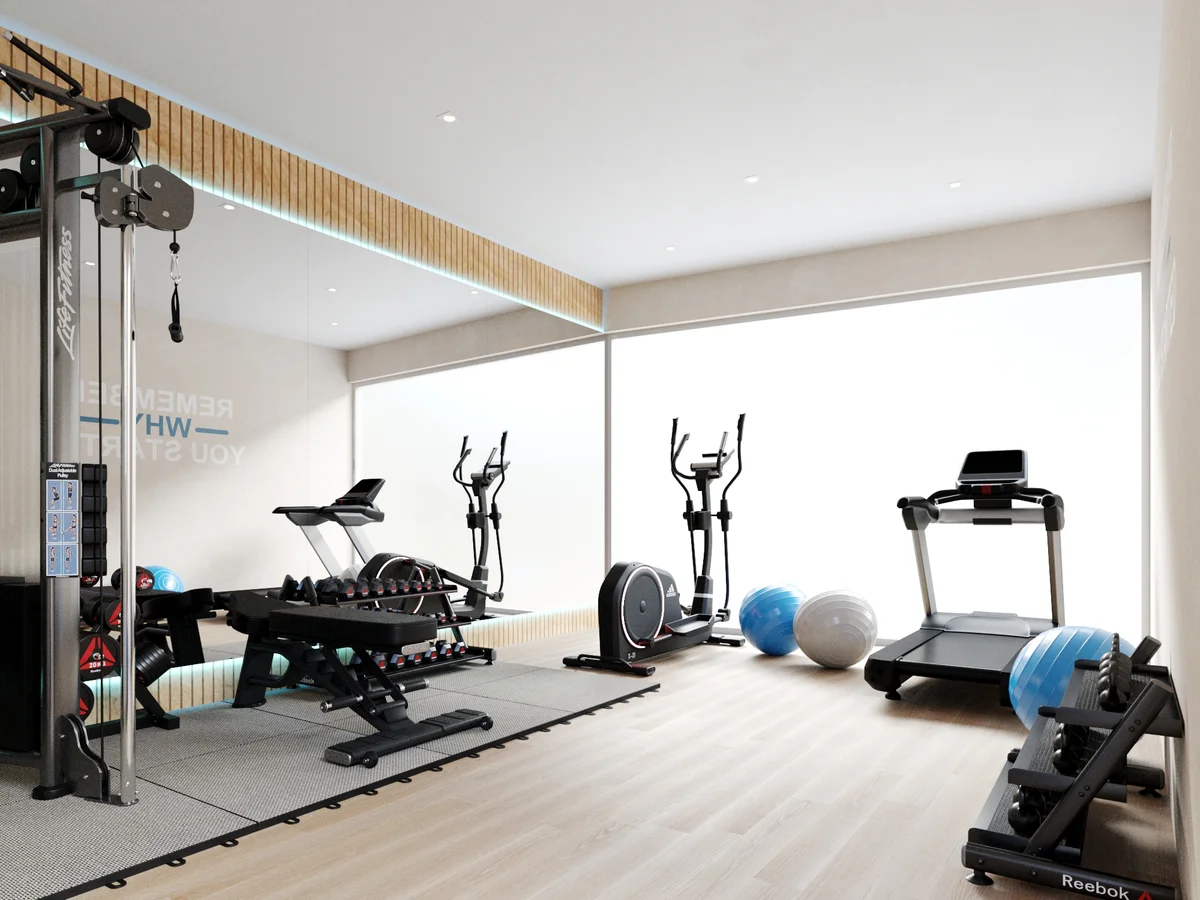 Image of Gym at Kalani 25, featuring Fitness Center, Modern Gym.
