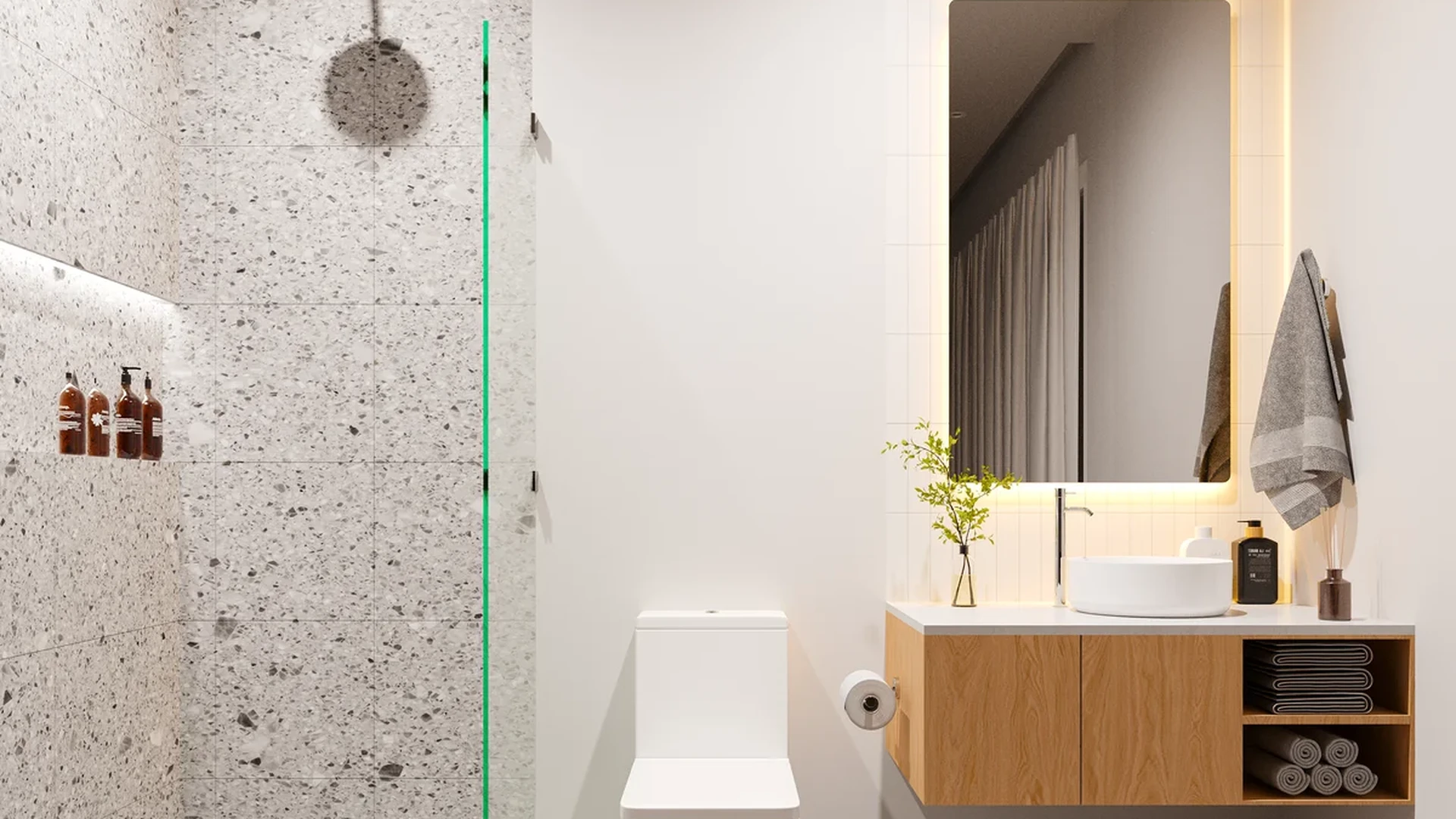 View of Modern Bathroom at Kalani 25, showcasing Terrazzo Tile, Walk-in Shower.