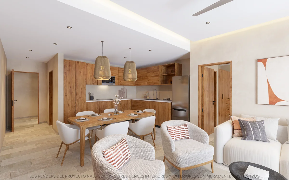View of Open Concept Living at Nalu Sea Living, showcasing Modern Kitchen, Dining Area.