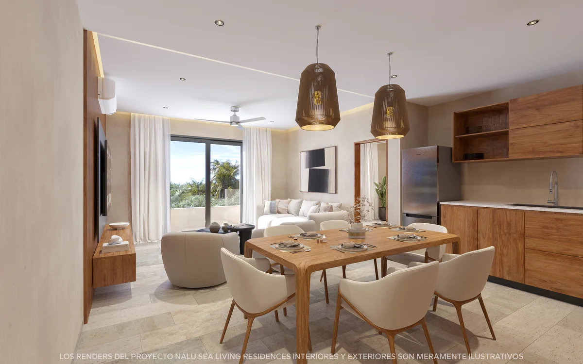 View of Open Concept Living at Nalu Sea Living, showcasing Modern Dining Room, Luxury Apartment.