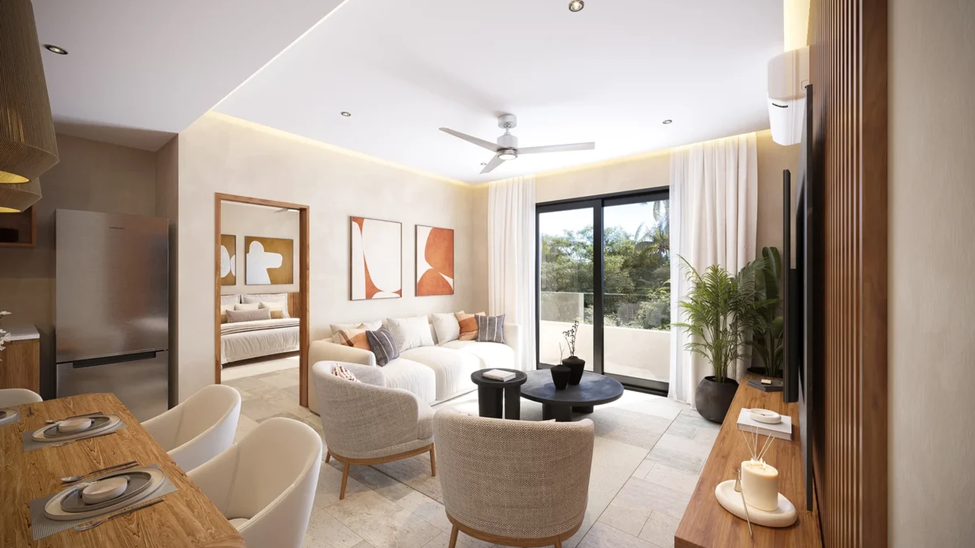 View of Open Concept Living at Nalu Sea Living, showcasing Modern Interior Design, Living and Dining Room.