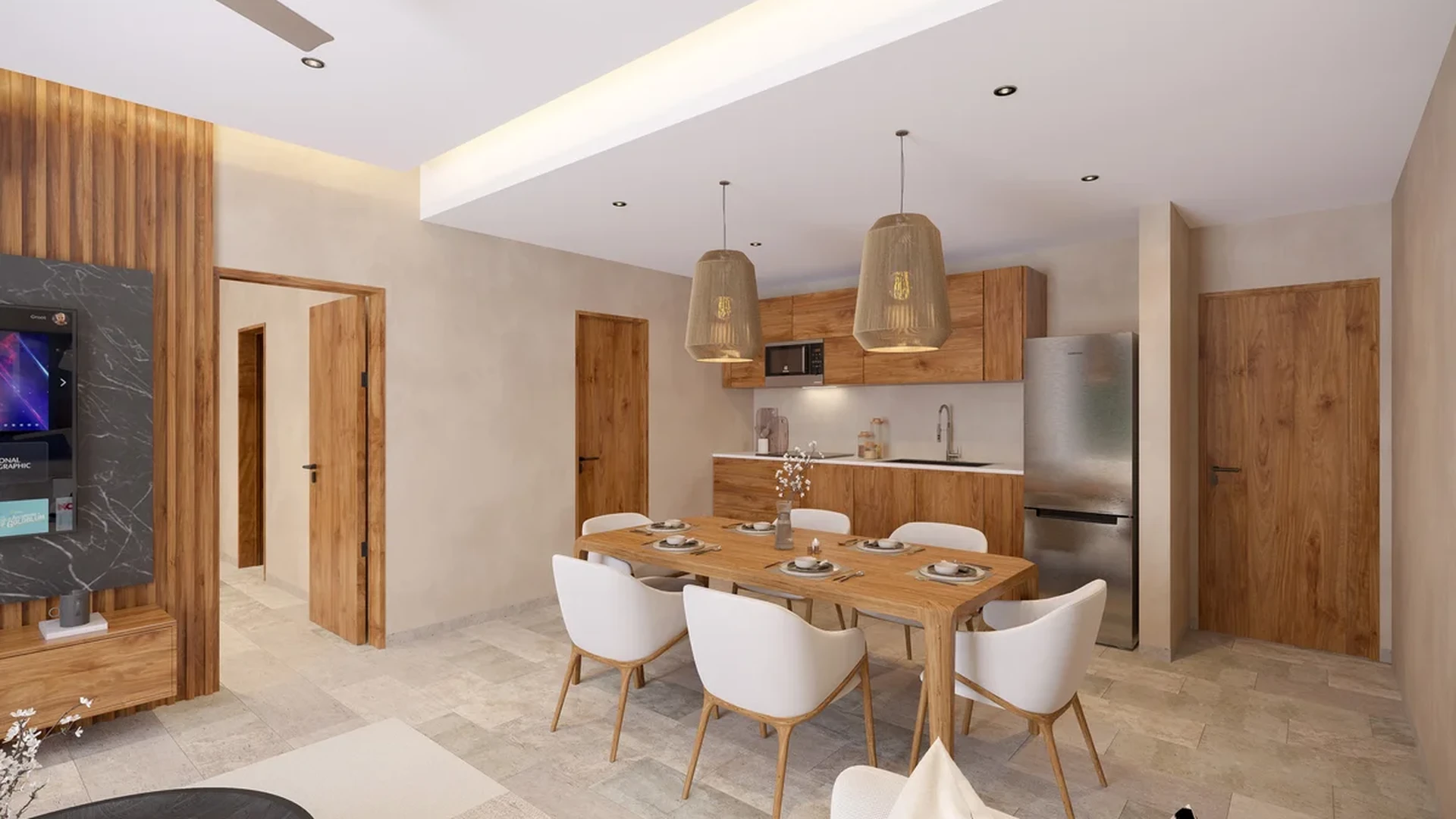 View of Open Concept Living at Nalu Sea Living, showcasing Modern Kitchen, Dining Area.