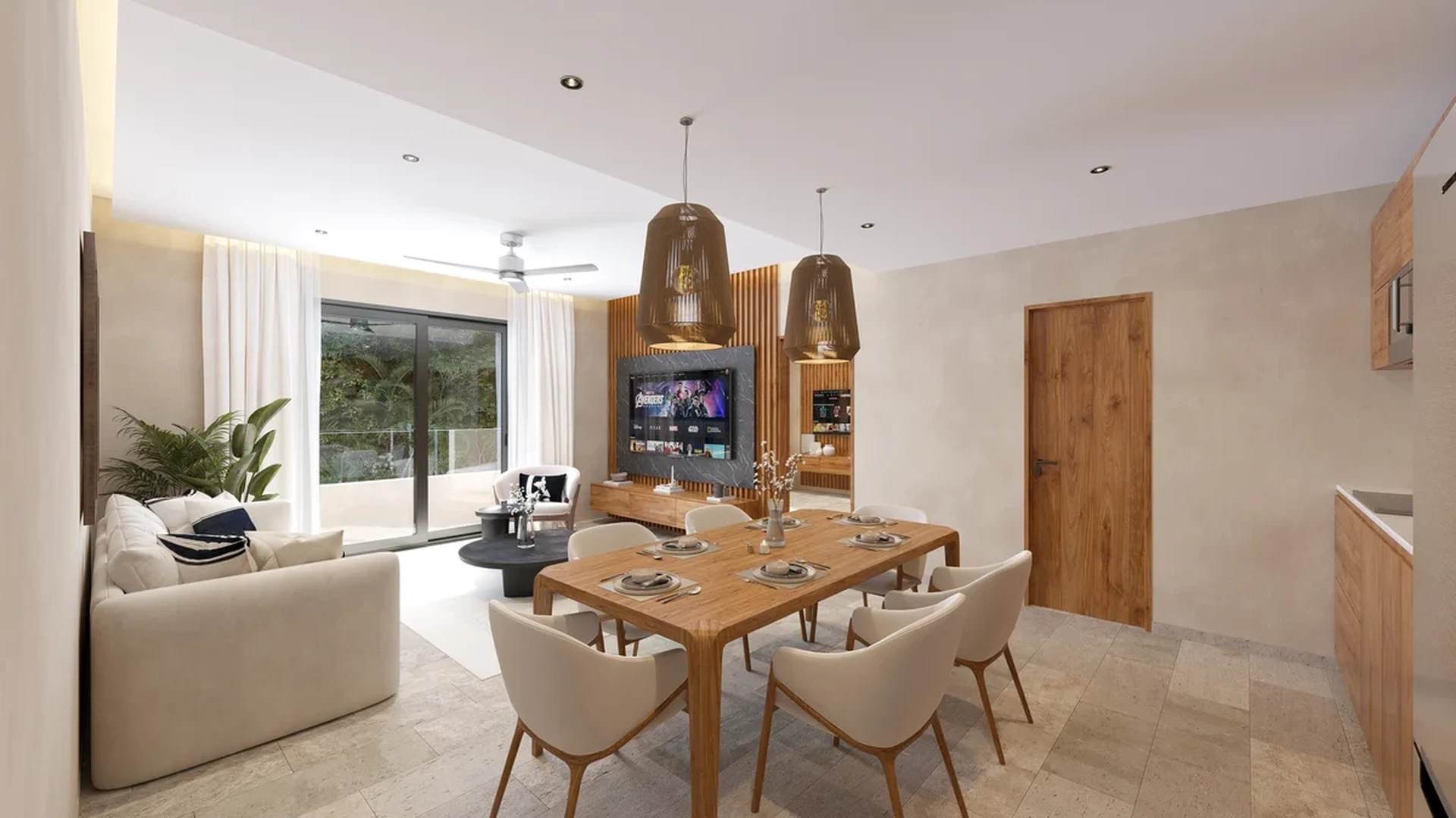 View of Open Concept Living at Nalu Sea Living, showcasing Dining Room, Modern Interior.