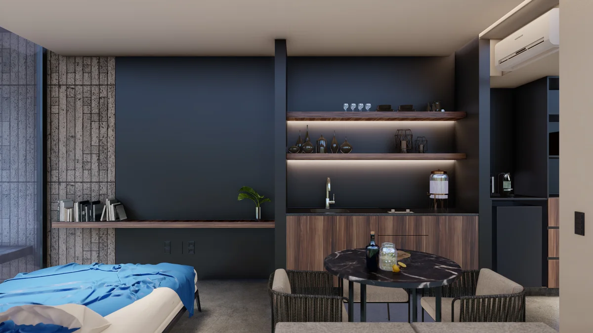 View of Studio Apartment at IIK, showcasing Modern Interior Design, Kitchenette.