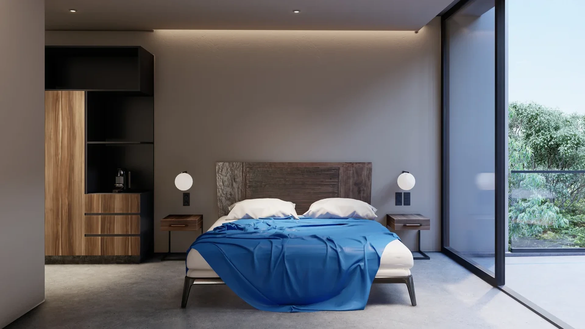 View of Modern Bedroom at IIK, showcasing Minimalist Design, Concrete Flooring.
